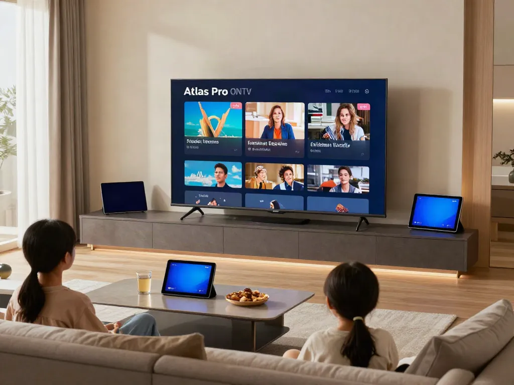 Famille profitant d'Atlas Pro ONTV dans un salon moderne, affichant des chaînes en direct.