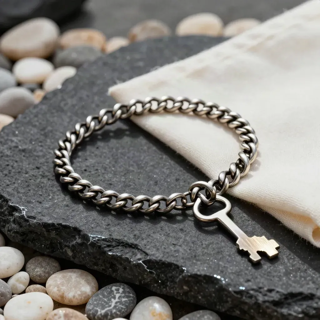 Bracelet chaîne doré, galets clairs, tissu ivoire et éclat champagne sur pierre noire.