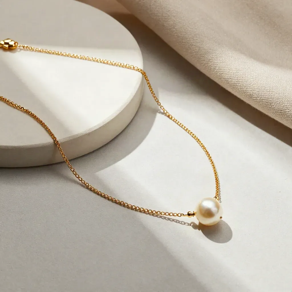 Collier en or et perle sur plâtre ivoire, avec tissu plié et petite pierre, vue du dessus.