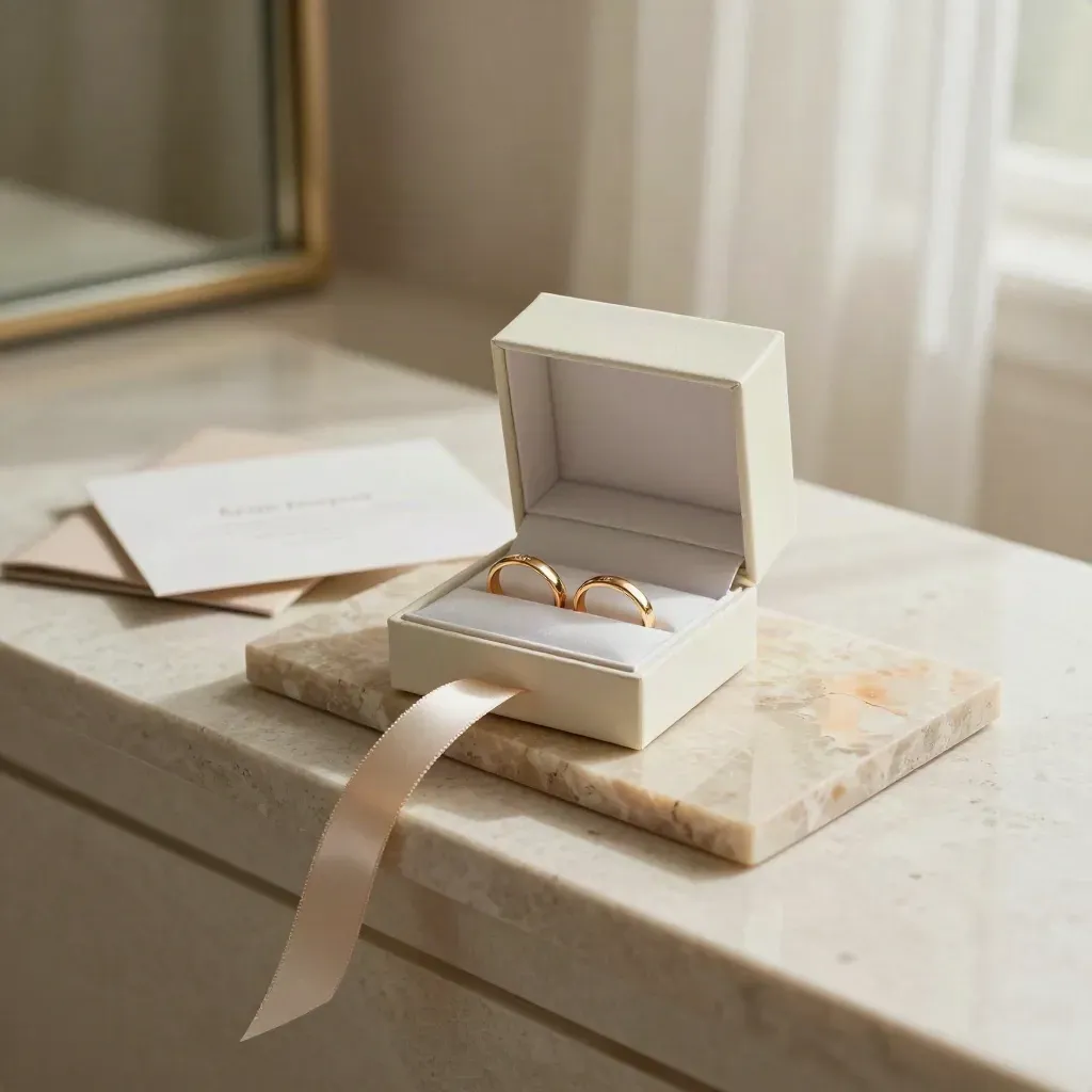 Coffret mariage ouvert avec deux alliances, ruban champagne et pierre claire.