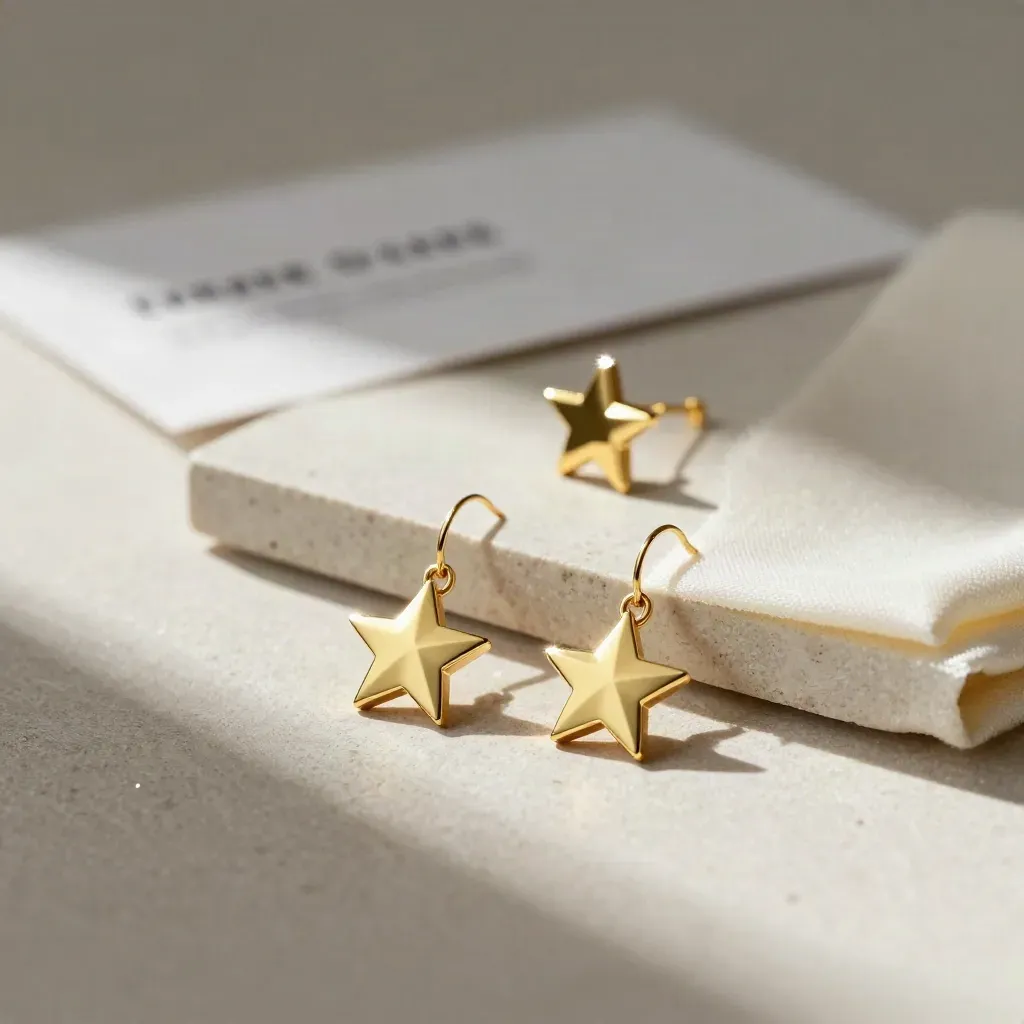 Boucles d’oreilles étoile en or sur pierre claire avec tissu plié, lumière douce et poussière en suspension.