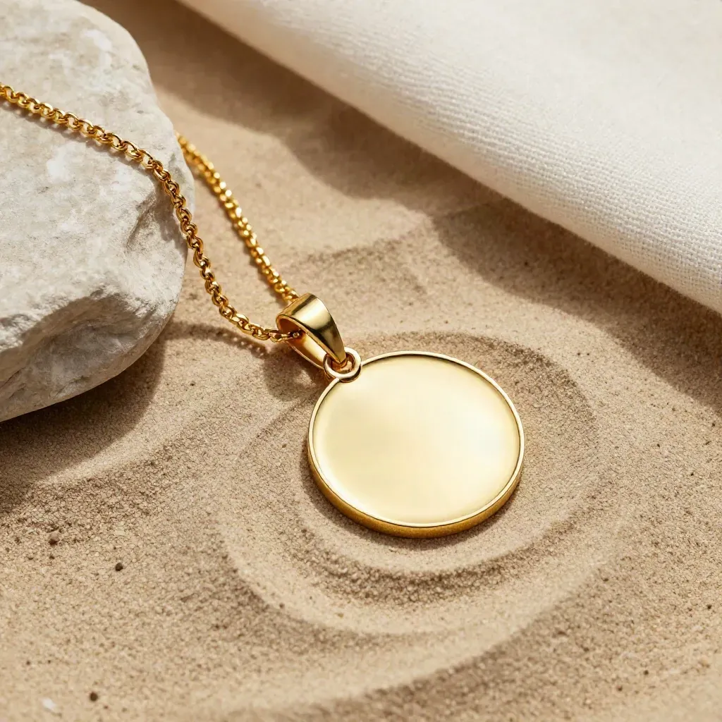 Médaillon rond en or sur chaîne fine, posé sur plâtre sable et tissu ivoire.