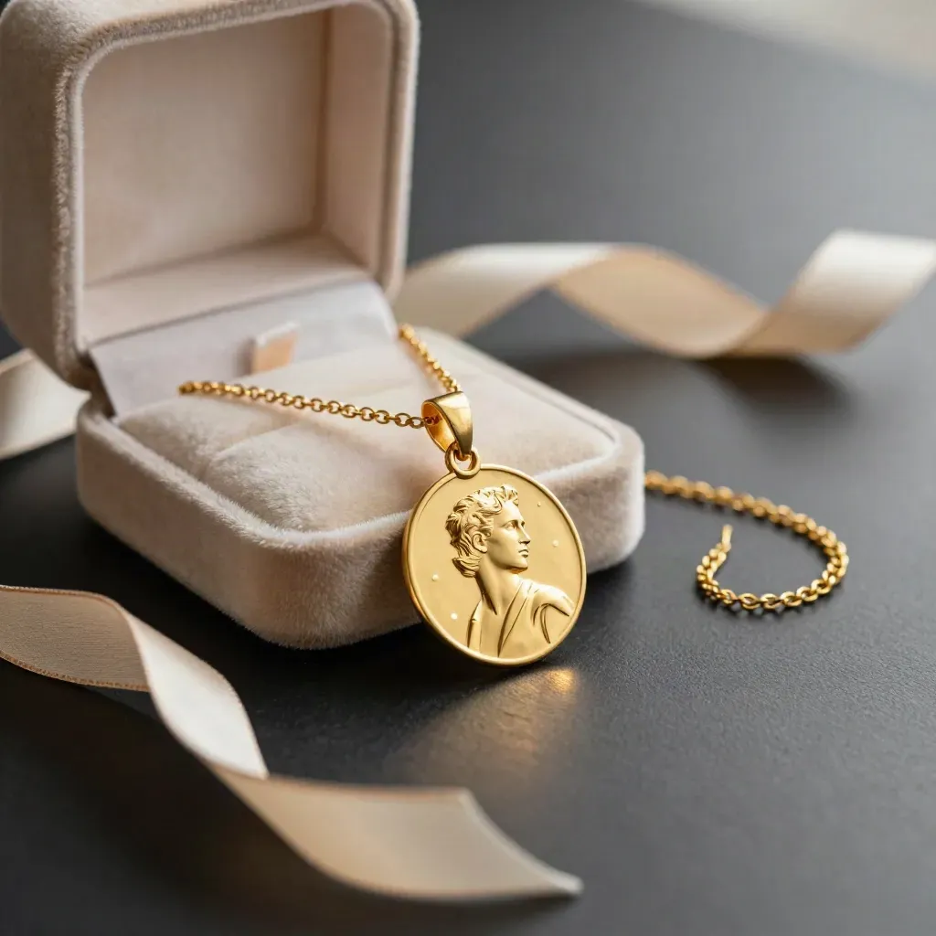 Pendentif en or gravé, chaîne, écrin ouvert et ruban champagne sur fond noir.