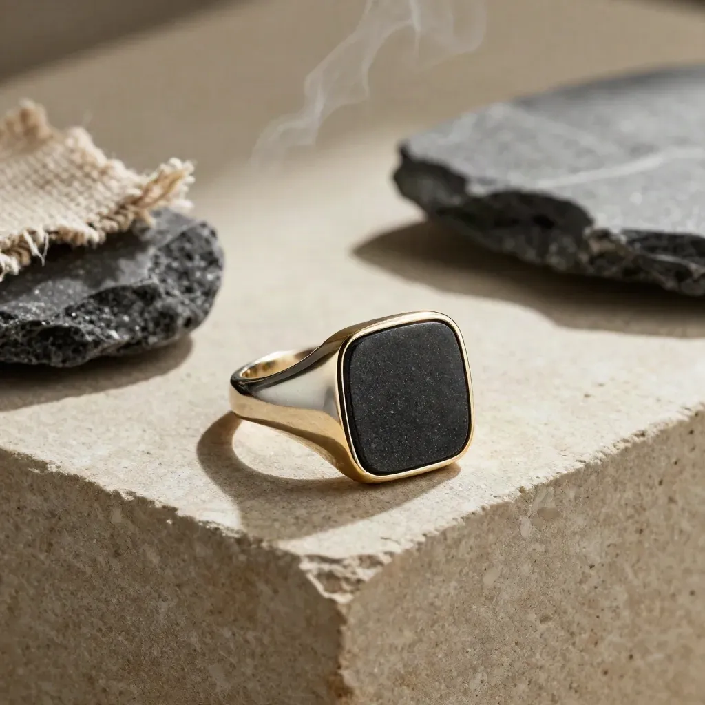 Bague chevalière en or avec caillou charbon, ruban de lin et pierre brossée, lumière douce.