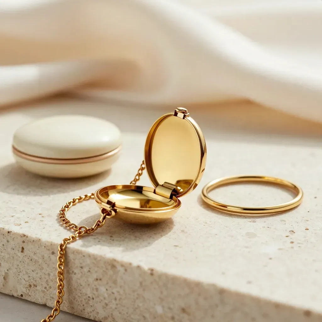 Médaillon en or ouvert, chaîne fine, bague slim et boîte ivoire sur travertin.