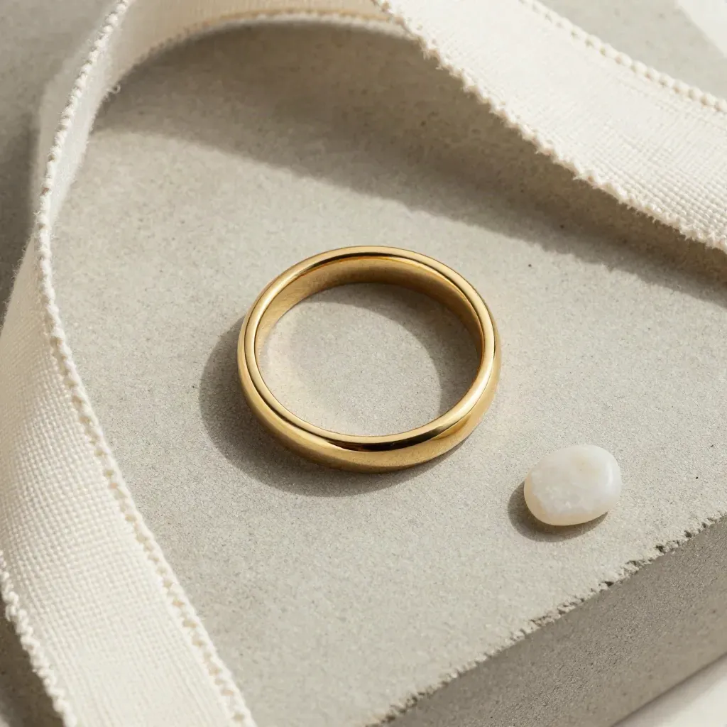 Vue du dessus d’une alliance en or, une seconde bague, ruban de lin et pierre claire.