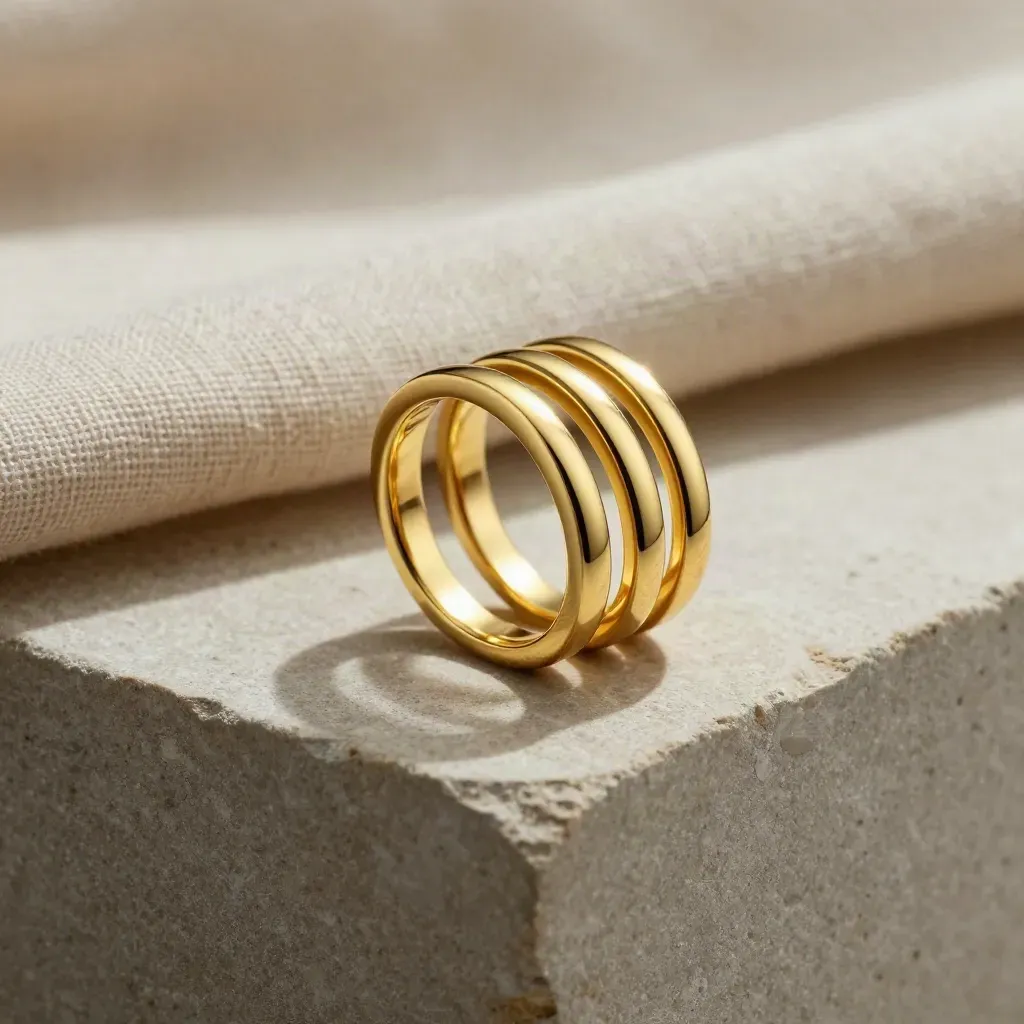 Gros plan de la bague Iris trois rangs en or sur lin pâle et pierre brossée.