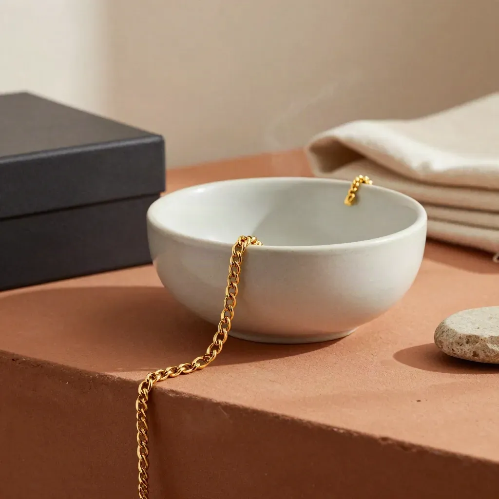 Bracelet en or drapé sur un bol céramique, avec boîte, tissu et pierre sur fond doux.