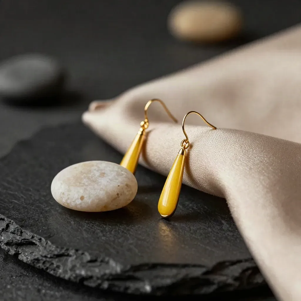 Paire de boucles pendantes en or sur pierre pâle et soie, lumière dramatique.