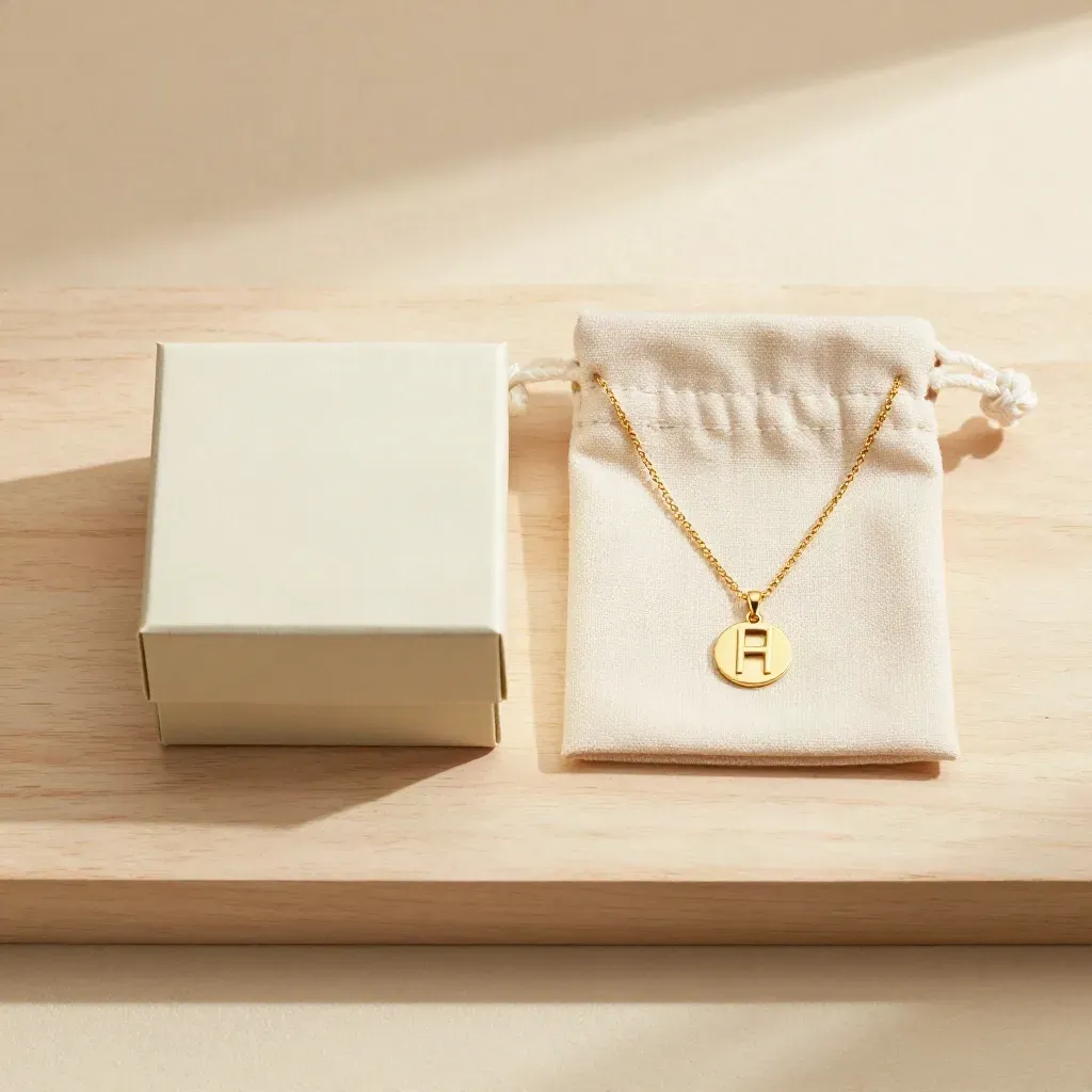 Flatlay d’un collier initiale en or, chaîne fine, boîte cadeau et tissu plié sur bois clair.