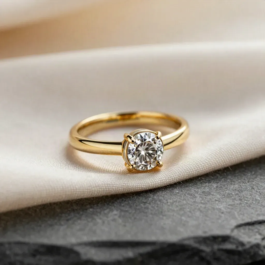 Bague de fiançailles en or jaune avec pierre centrale, gros plan sur pierre et bande fine.