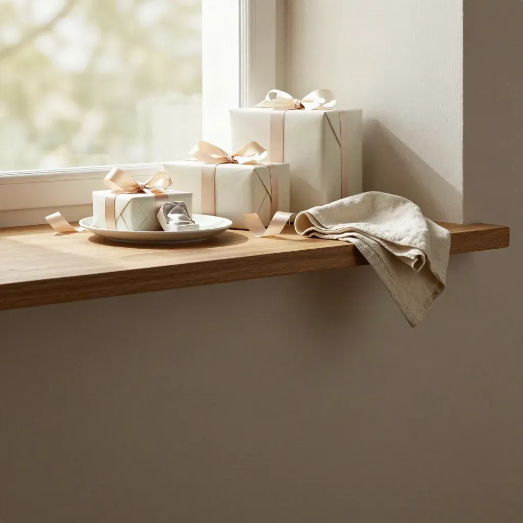 Boîtes cadeaux et ruban sur une étagère en chêne, lumière douce de fenêtre, bas de l’image calme.