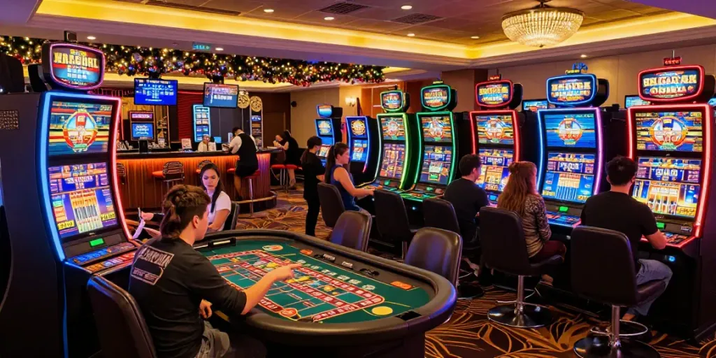 Ambiance de casino en ligne avec joueurs et machines à sous, représentant le Casino sans Dépôt